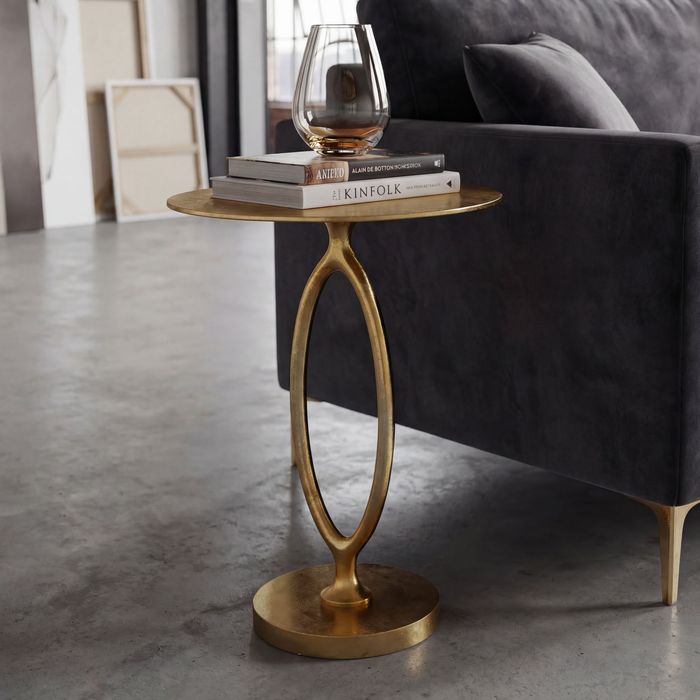FineBuy Beistelltisch Aluminium 44cm Rund Gold - Design Metalltisch - Extravaganter Wohnzimmertisch - Moderner Couchtisch Metall - Edler Anstelltisch Handmade