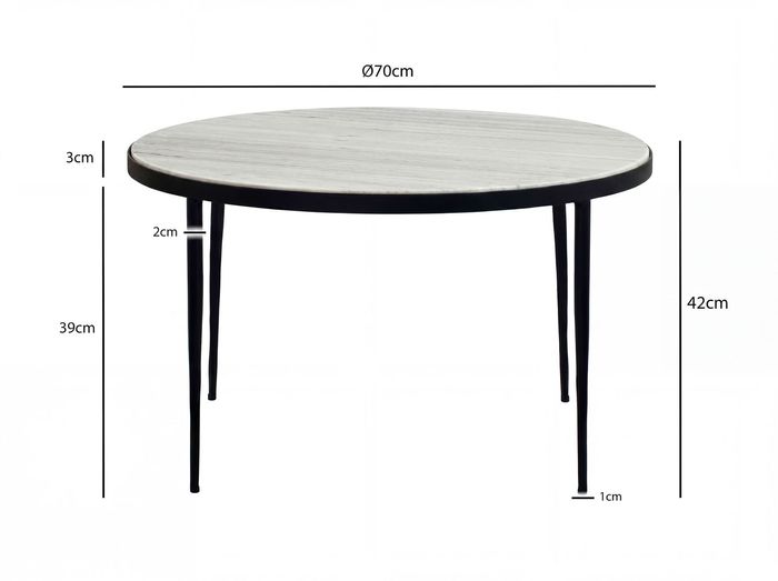 Couchtisch 70cm mit Marmor Platte weiß Wohnzimmertisch Beistelltisch Metall rund – Maßzeichnung