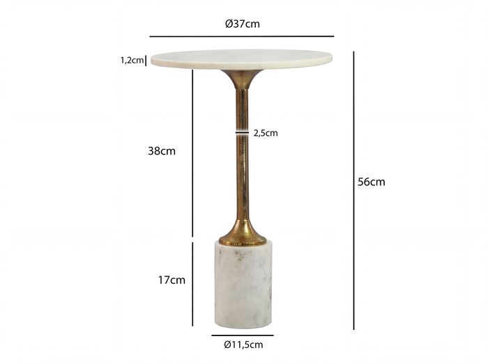 Beistelltisch 37cm Design Marmor Platte weiß Wohnzimmertisch Couchtisch Metall – Maßzeichnung