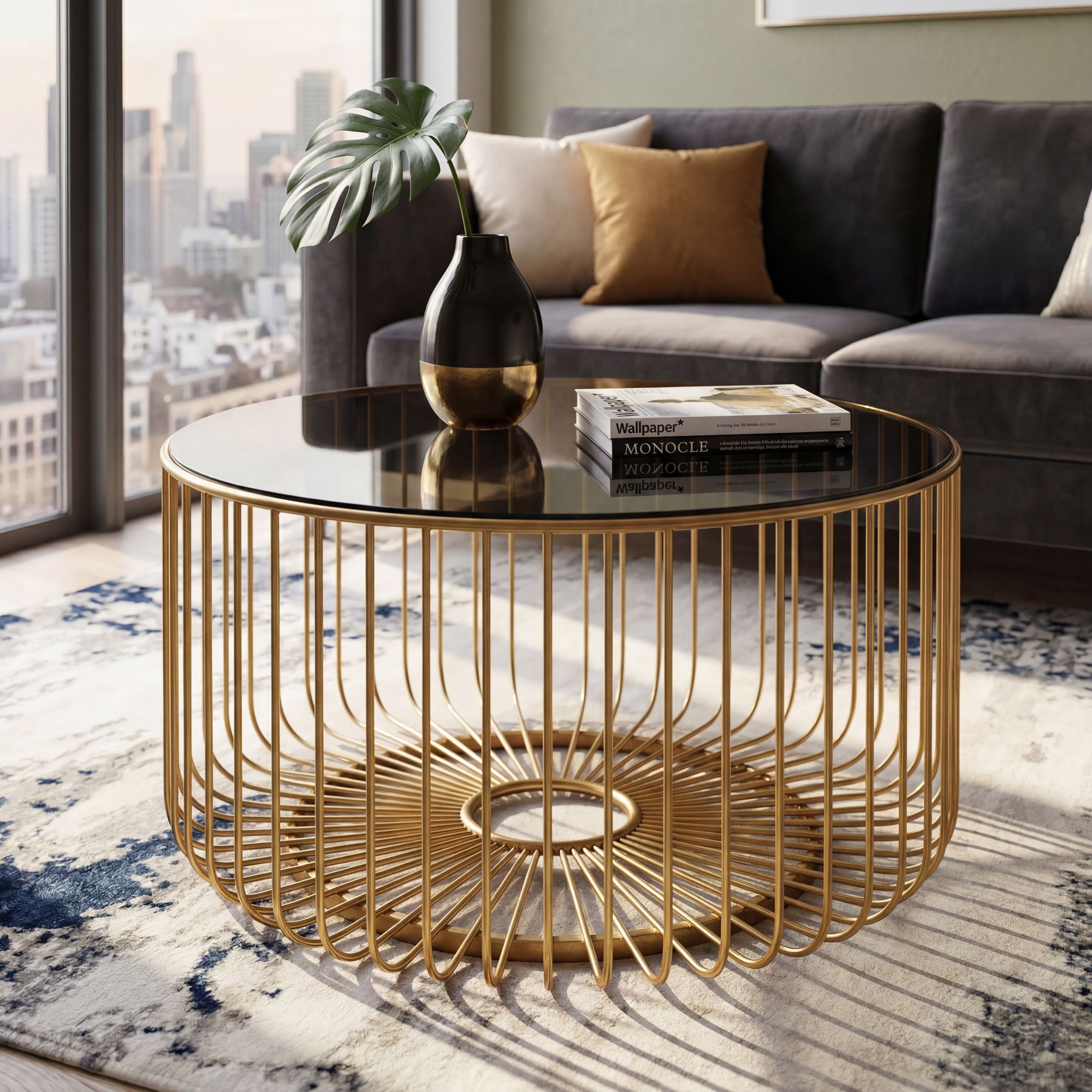 FineBuy Couchtisch Glas Metall 60cm Gold Rund - Moderner Wohnzimmertisch - Design Sofatisch - Loungetisch mit Gittergestell - Runder Beistelltisch Handmade | Farbe: Gold
