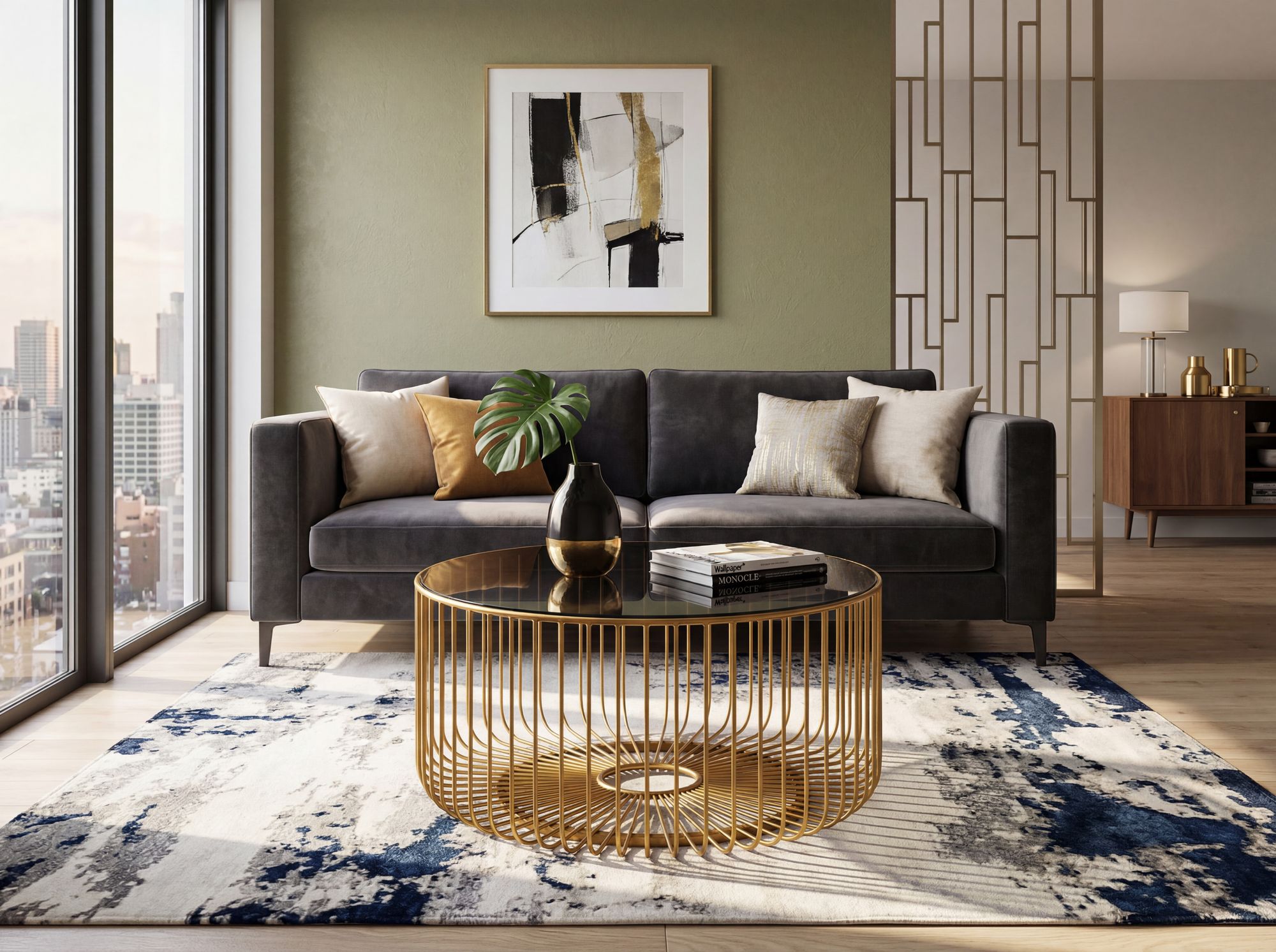 FineBuy Couchtisch Glas Metall 60cm Gold Rund - Moderner Wohnzimmertisch - Design Sofatisch - Loungetisch mit Gittergestell - Runder Beistelltisch Handmade | Farbe: Gold