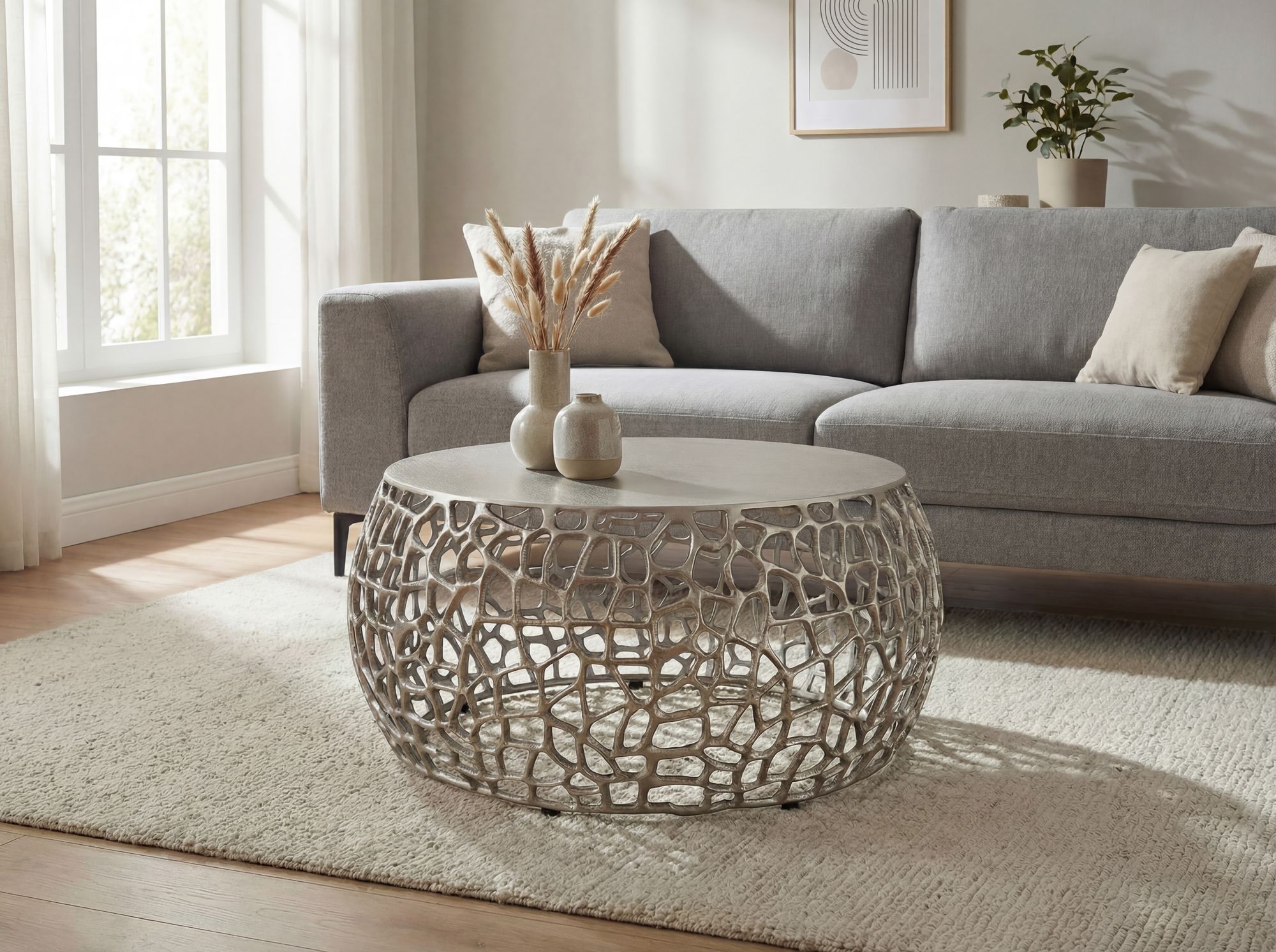 Couchtisch Metall Silber Sofatisch 60cm Tisch Wohnzimmertisch Rund Beistelltisch – Ansicht 2