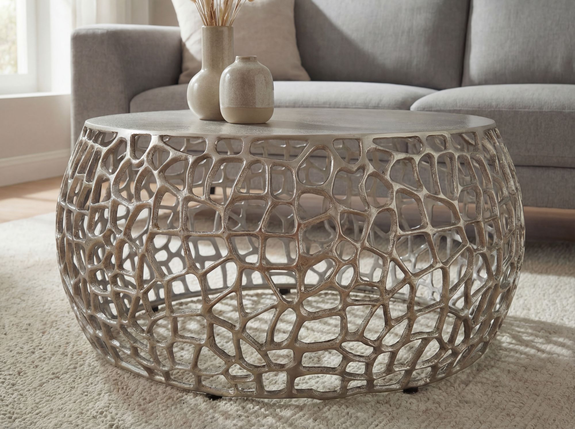 Couchtisch Metall Silber Sofatisch 60cm Tisch Wohnzimmertisch Rund Beistelltisch – Ansicht 5