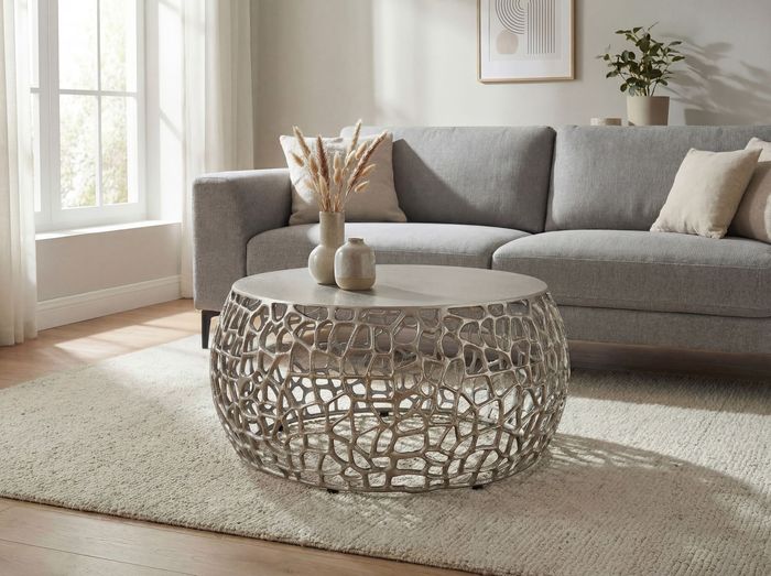 FineBuy Couchtisch Metall Silber 60cm Sofatisch Aluminium Rund - Design Wohnzimmertisch mit Ast Struktur - Kleiner Kaffeetisch Modern - Beistelltisch Anstelltisch Wohnzimmer Handmade