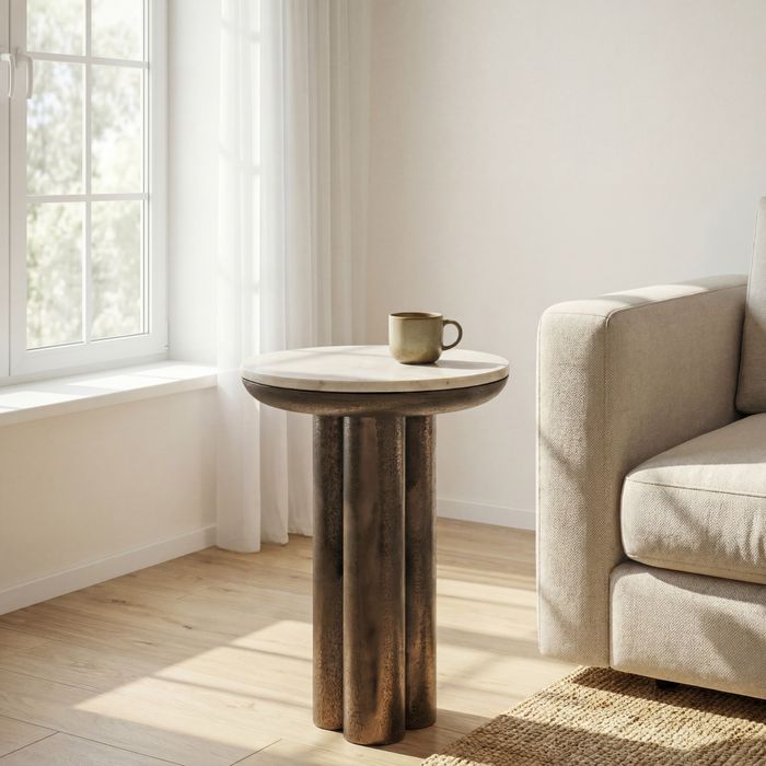 FineBuy Beistelltisch Metall mit weißer Marmor Tischplatte 36cm Rund - Design Anstelltisch Aluminium - Loungetisch Säulenbein - Alu Sofatisch - Couchtisch Wohnzimmertisch Klein Handmade