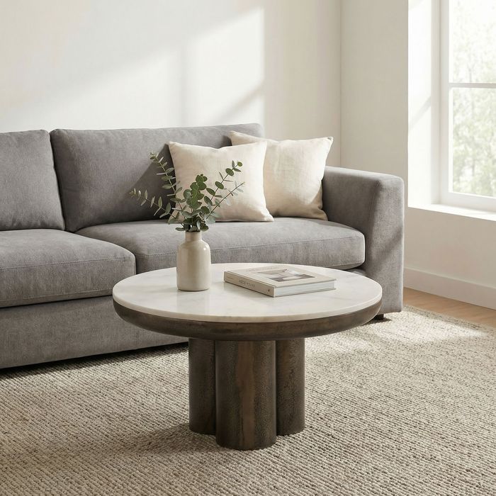 FineBuy Couchtisch Metall mit weißer Marmor Tischplatte 60cm Rund - Design Wohnzimmertisch Aluminium - Alu Loungetisch Säulenbein - Moderner Beistelltisch Sofatisch - Edler Kaffeetisch Handmade