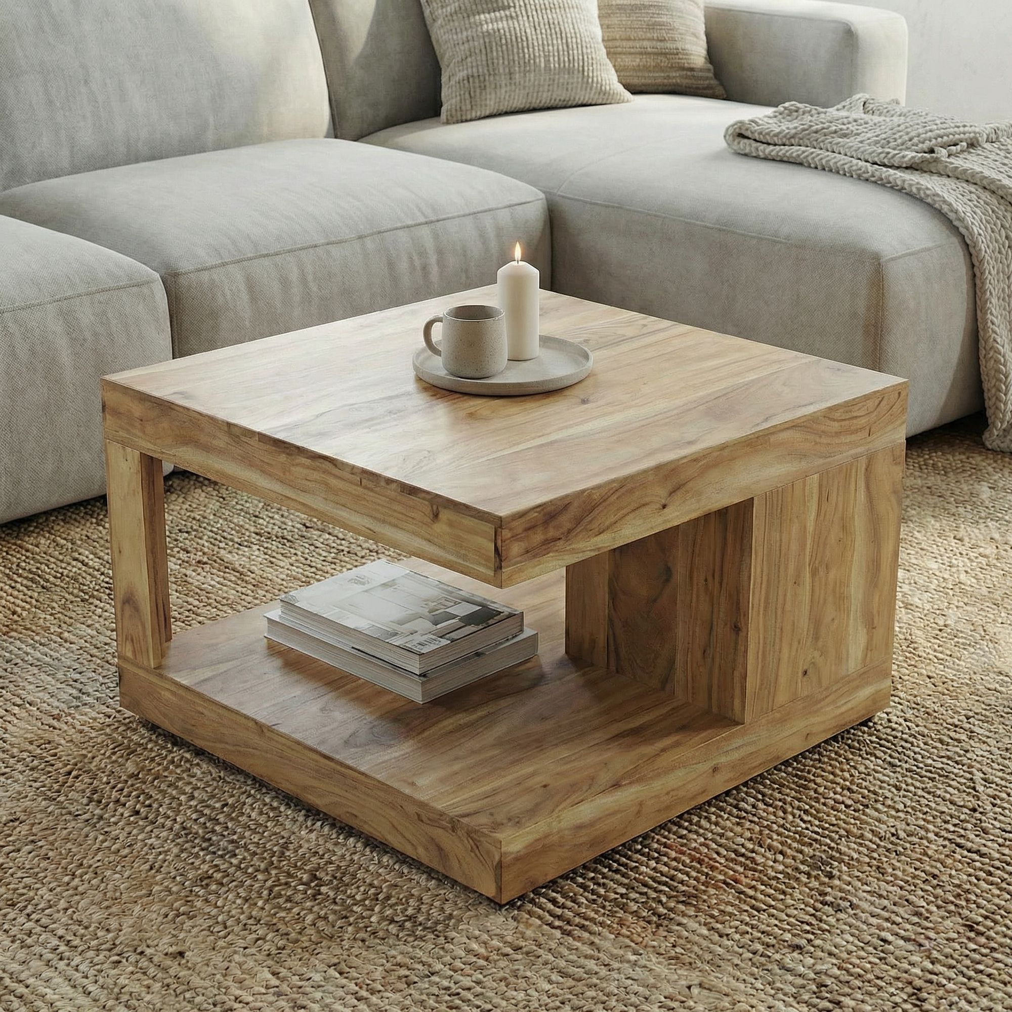 Couchtisch Akazie Massivholz 60cm Wohnzimmertisch Beistelltisch Sofatisch Ablage – Ansicht 1