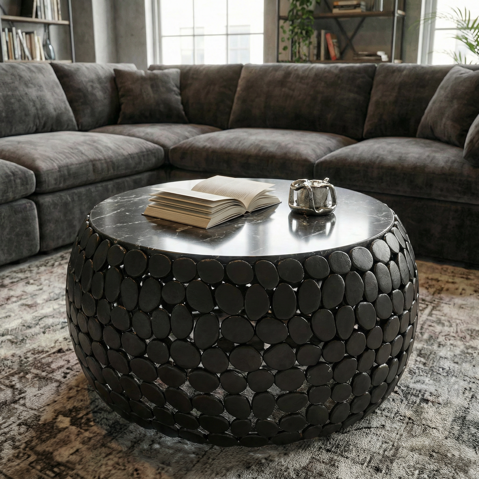 FineBuy Design Couchtisch rund 65 cm aus Aluminium und schwarzer Marmor Tischplatte - Wohnzimmertisch Alu - Metall Sofatisch - Beistelltisch Wohnzimmer - Handmade
