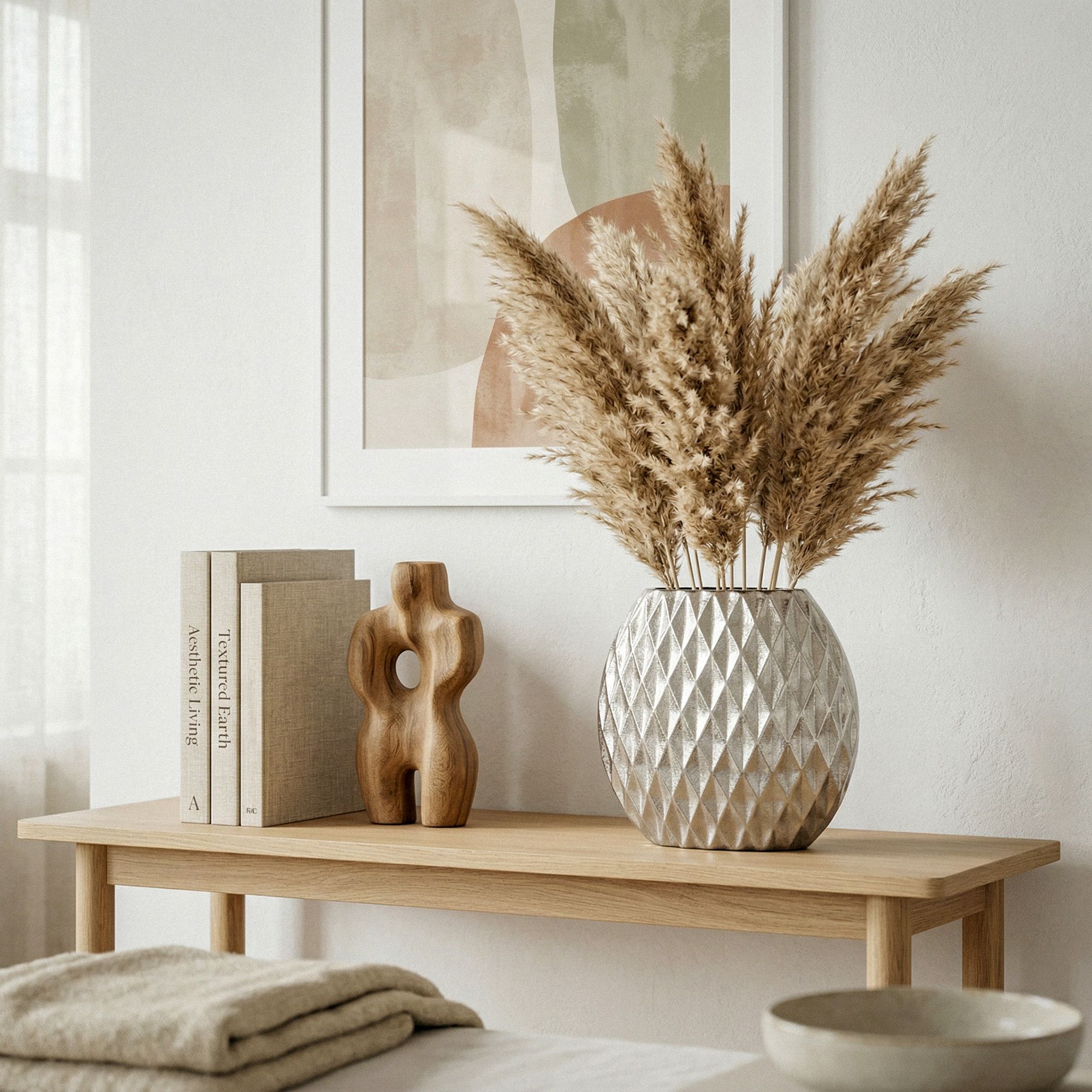 FineBuy Tischvase Aluminium 33,5cm - Dekovase rund mit Rautenmuster - Metall Vase modern - Wohnzimmer Deko Alu - Design Vase flach Tisch Dekoration Handmade