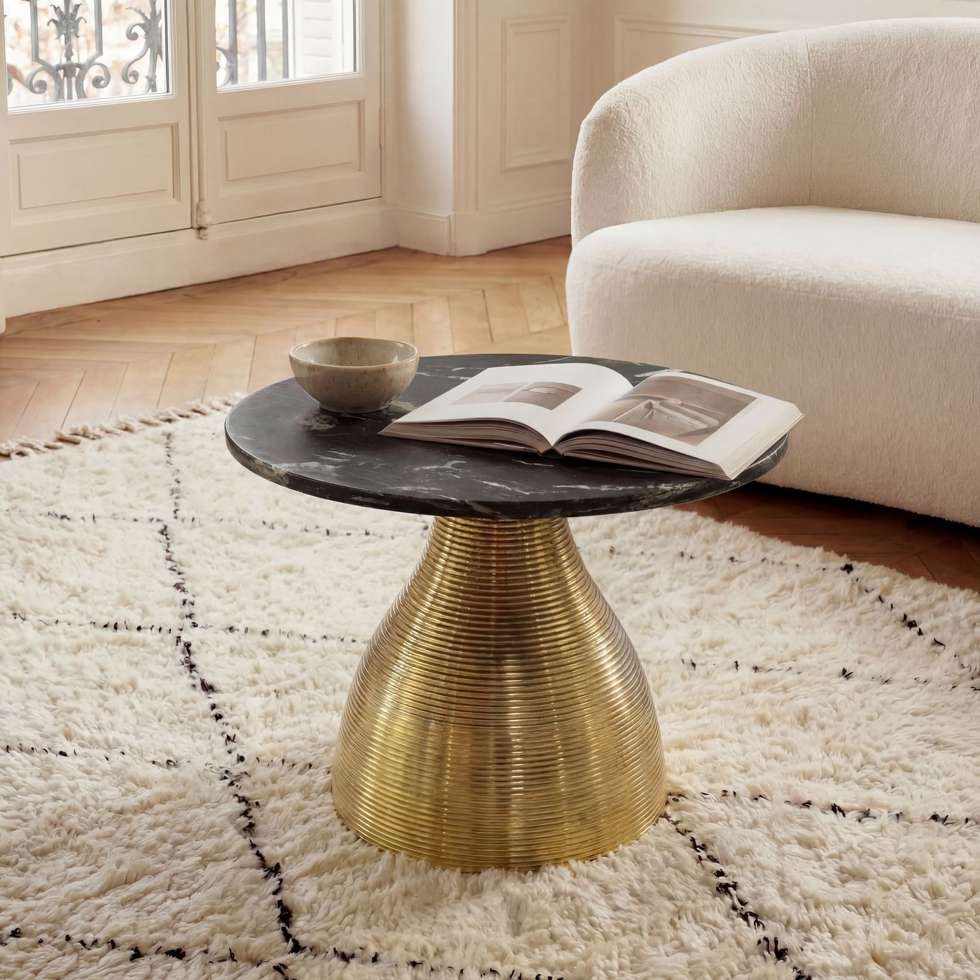 Couchtisch 60cm mit Marmor Platte Wohnzimmertisch Beistelltisch Metall Alu Rund – Ansicht 1