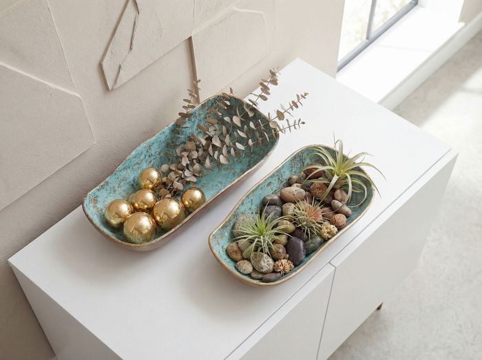 FineBuy Dekoschale 2er Set Aluminium Gold Patina Oval - Design Schale Metall Lebensmittelecht - Moderne Tischdeko - Metallschale Dekoration Vintage - Deko Wohnaccessoire Extravagant Handmade