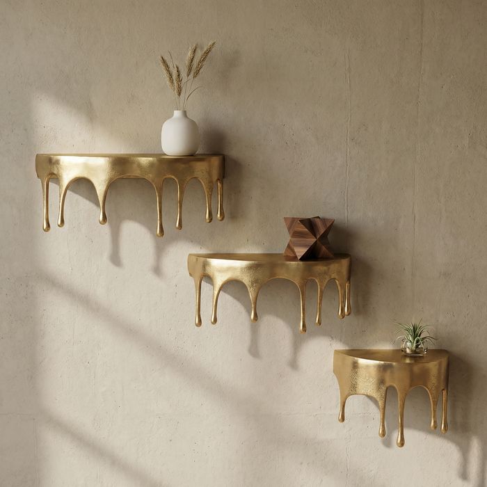 FineBuy Wandregal Aluminium Gold Tropfen Optik - Ausgefallenes Hängeregal Metall - Design Drops Schweberegal Alu - Modernes Wandboard Dekoregal Handmade