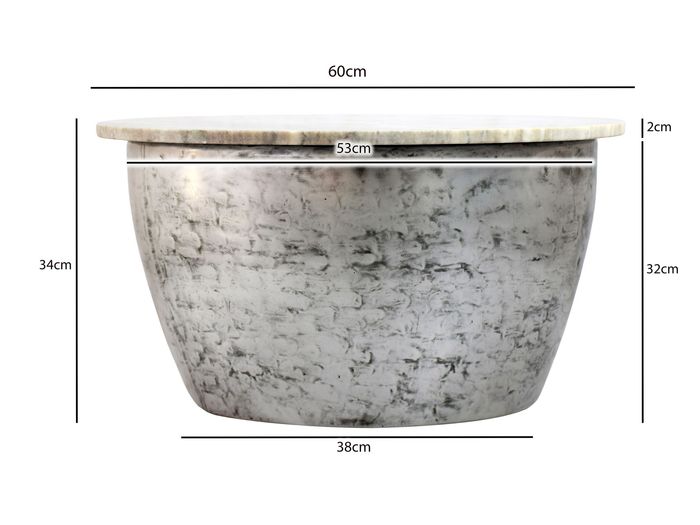 Couchtisch 60cm mit Marmor Platte weiß Wohnzimmertisch Beistelltisch Rund Silber – Maßzeichnung
