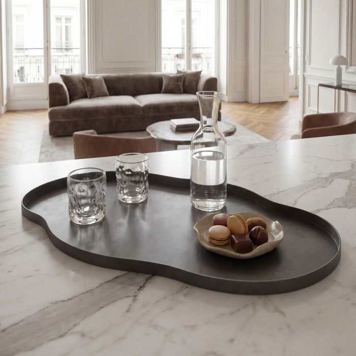 FineBuy Dekotablett Metall 66cm Schwarz Tablett Organisch - Design Dekoteller ohne Füße - Moderne Tischdeko - Standdeko Schmuckteller Groß - Wohnaccessoire Extravagant Handmade