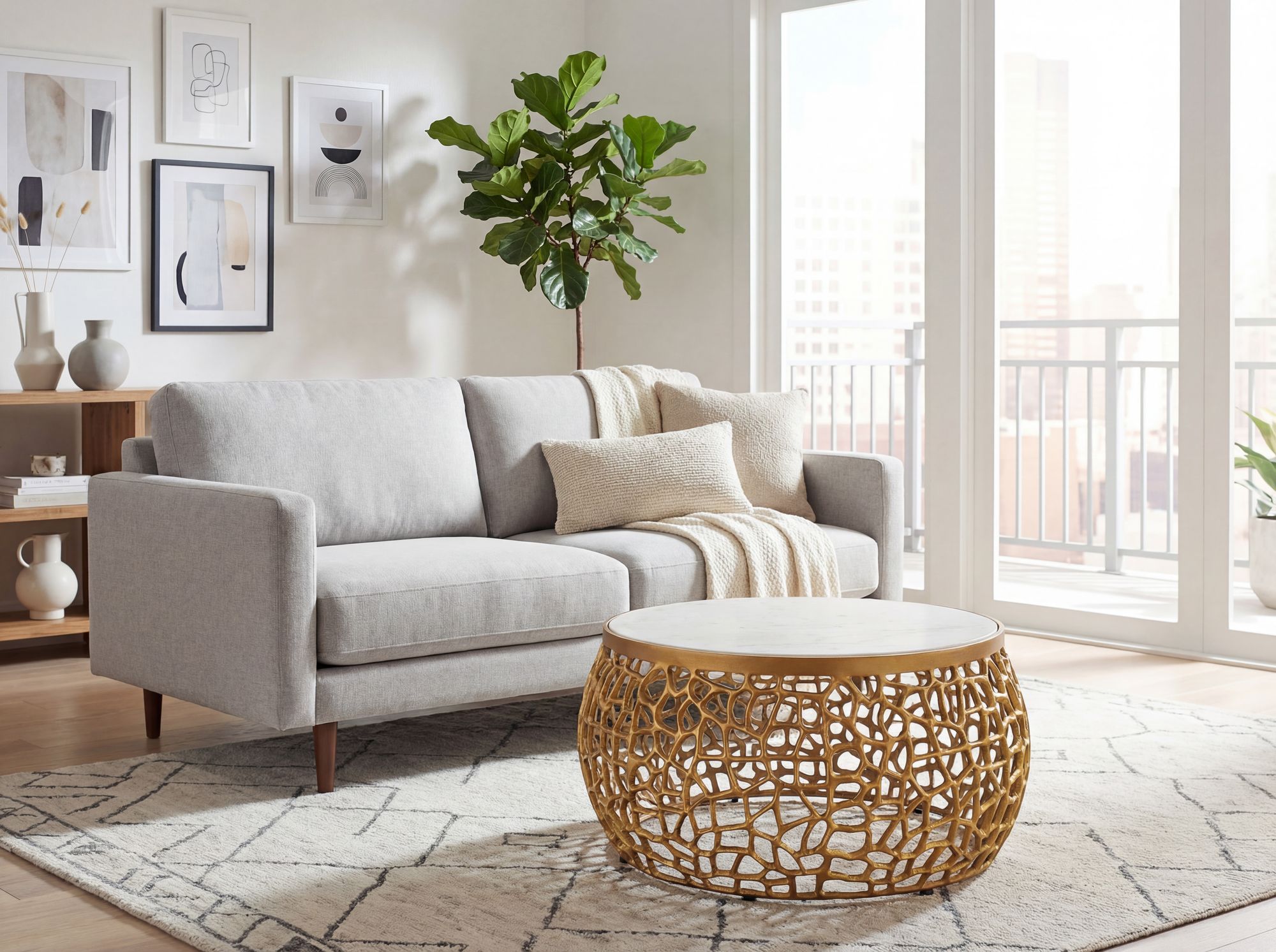 Design Metall Couchtisch mit Marmor Platte weiß Wohnzimmertisch Gold rund 60cm – Ansicht 2