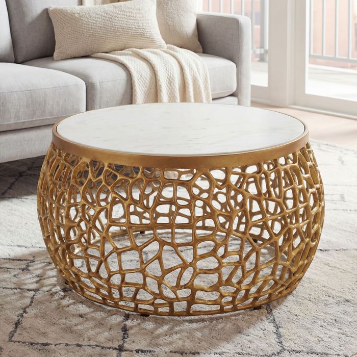 FineBuy Design Metall Couchtisch Gold mit weißer Marmor Tischplatte 60 cm rund - Aluminium Wohnzimmertisch Modern - Loungetisch Alu Beistelltisch Wohnzimmer Handmade
