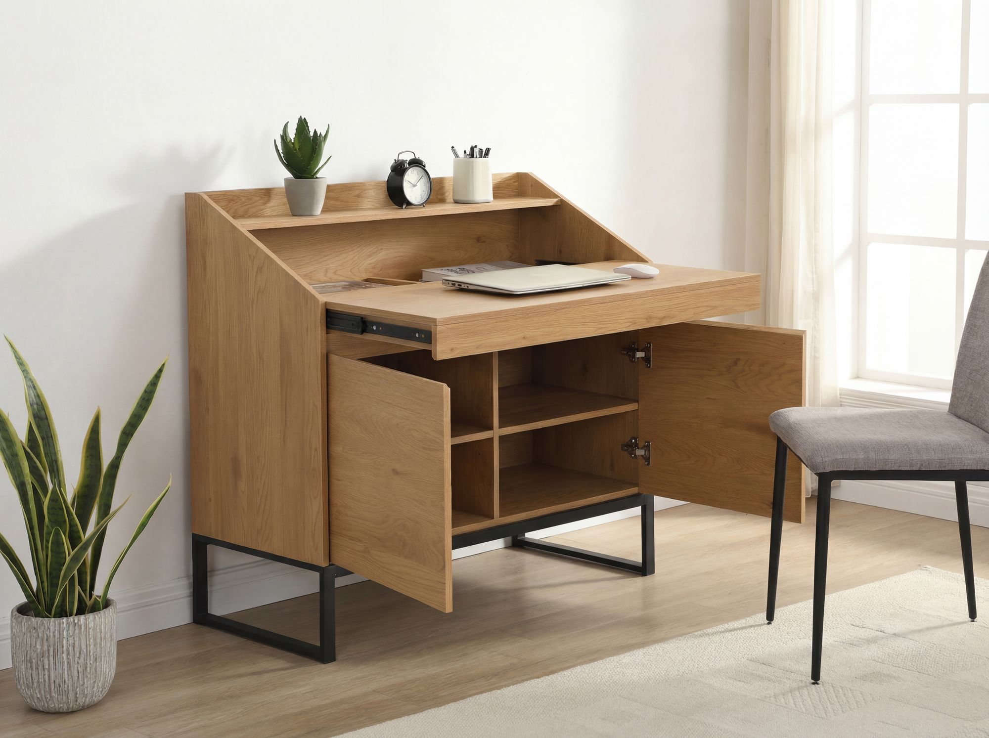 Sekretär MDF 100cm Eiche Dekor Kompakt Schreibtisch mit Stauraum Home Office – Ansicht 2