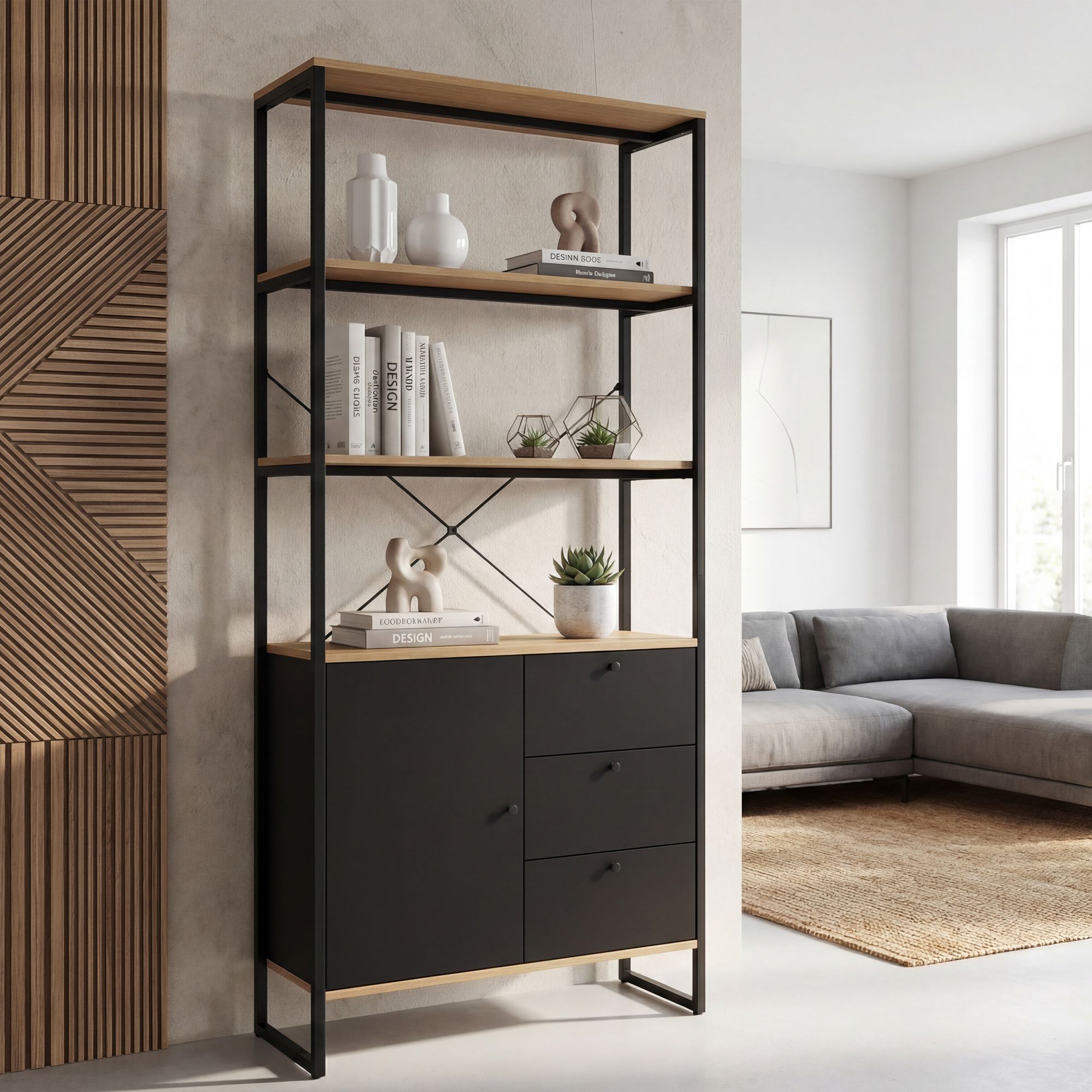 Bücherregal 180cm Eiche Dekor Mehrzweckregal Standregal Regal Schubladen & Tür – Ansicht 1