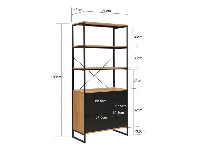 Bücherregal 180cm Eiche Dekor Mehrzweckregal Standregal Regal Schubladen & Tür – Maßzeichnung