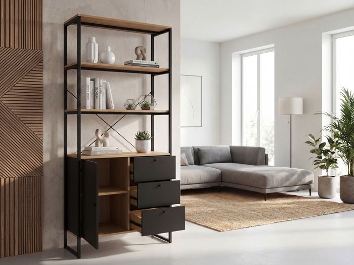 FineBuy Bücherregal MDF Metall 180cm Eiche Dekor Schwarz - Design Standregal - Mehrzweckregal Holzoptik hoch - Regal mit Schubladen und Tür - Stauraumregal Wohnzimmerregal
