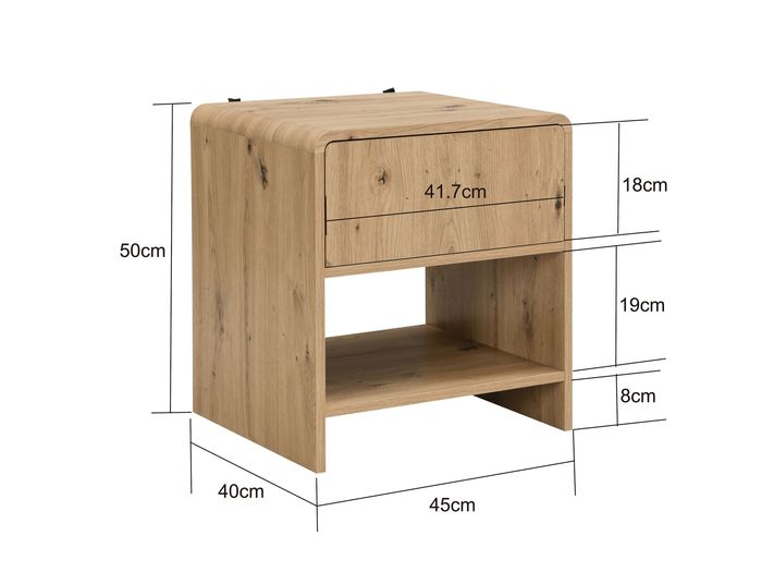 Nachttisch Nachtkommode Boxspringbett 50cm Eiche Dekor Schublade Stauraum Klein – Maßzeichnung