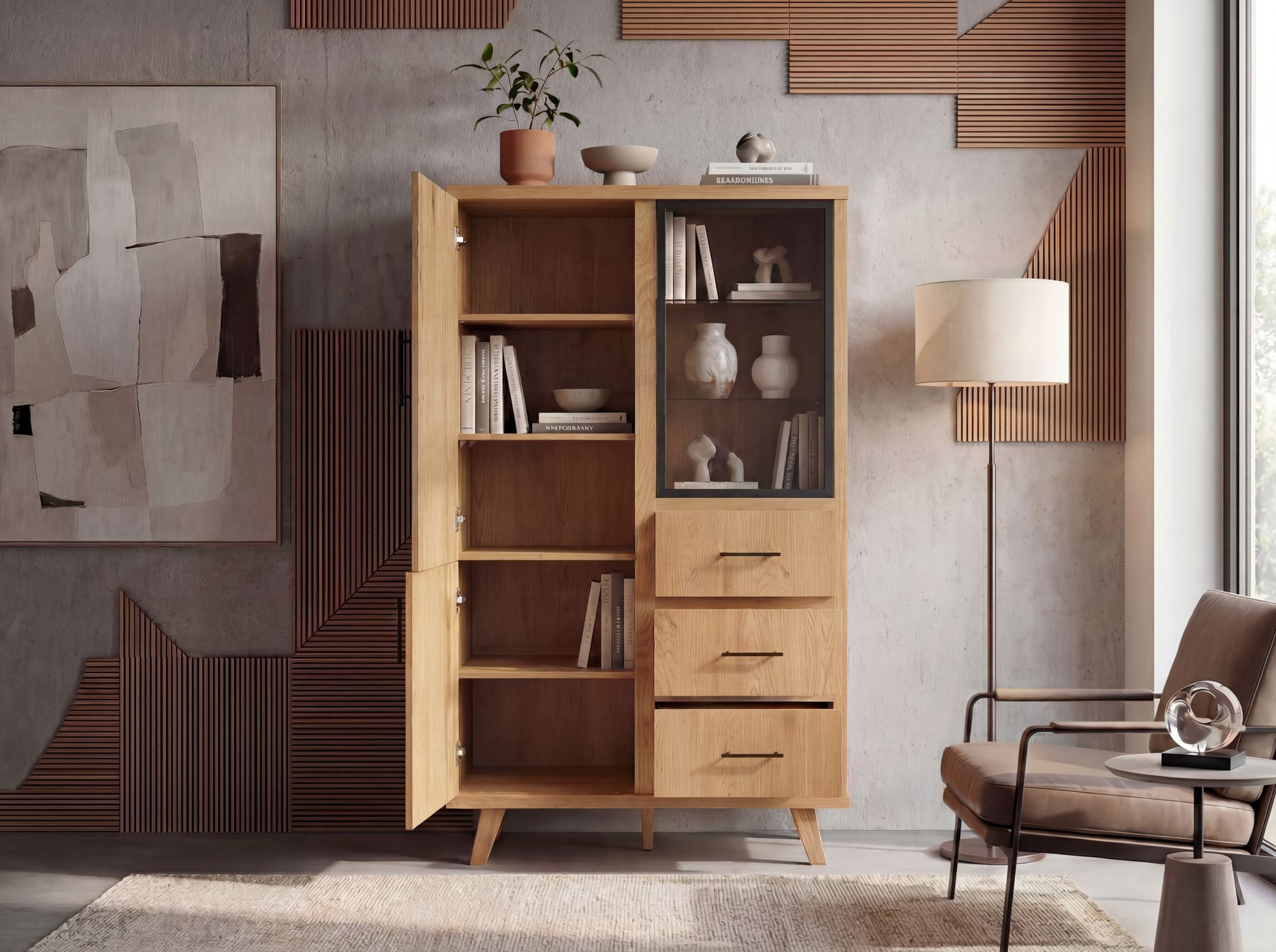Hochschrank 188cm Eiche Dekor Standschrank mit Türen Schubladen Mehrzweckschrank – Ansicht 2