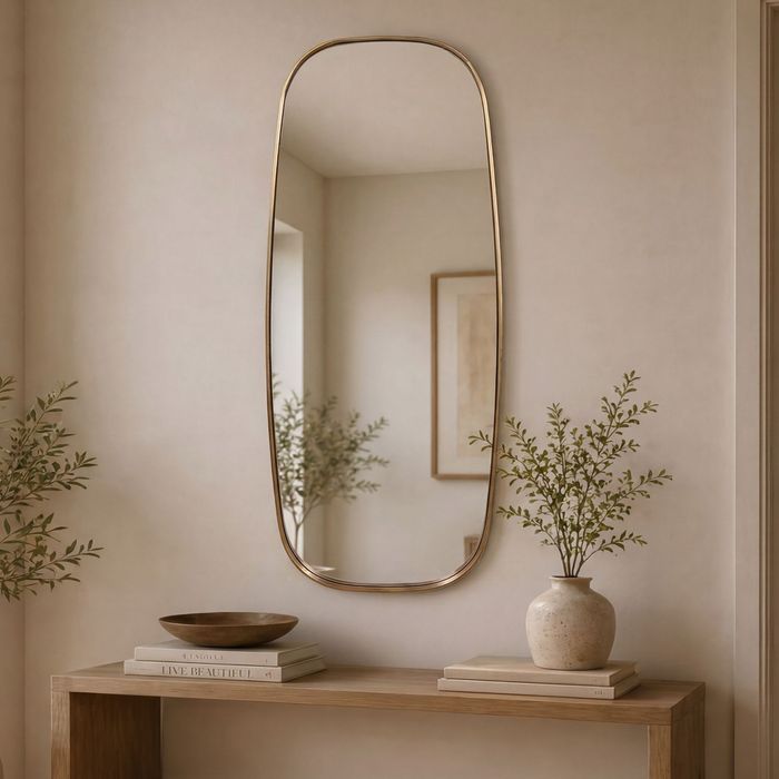 FineBuy Wandspiegel Glas 122x46cm Gold Oval - Design Flurspiegel - Großer Hängespiegel mit Metall Rahmen - Schlafzimmerspiegel Modern - Deko Spiegel Handmade