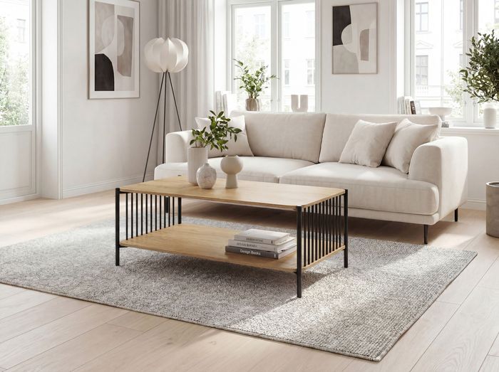 FineBuy Couchtisch 110x60cm Eiche Optik Rechteckig - Design Sofatisch Metall - Wohnzimmertisch Ablage - Loungetisch Stauraum - Beistelltisch Kaffeetisch