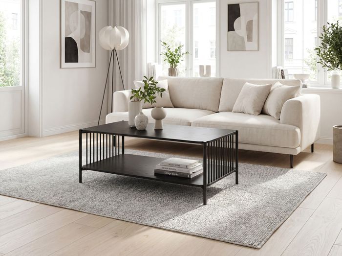FineBuy Couchtisch 110x60cm Eiche Optik Schwarz Rechteckig - Design Sofatisch Metall - Wohnzimmertisch Ablage - Loungetisch Stauraum - Beistelltisch Kaffeetisch