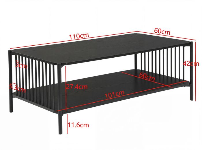 Couchtisch 110cm Eiche Optik Schwarz Sofatisch Wohnzimmertisch Beistelltisch – Maßzeichnung