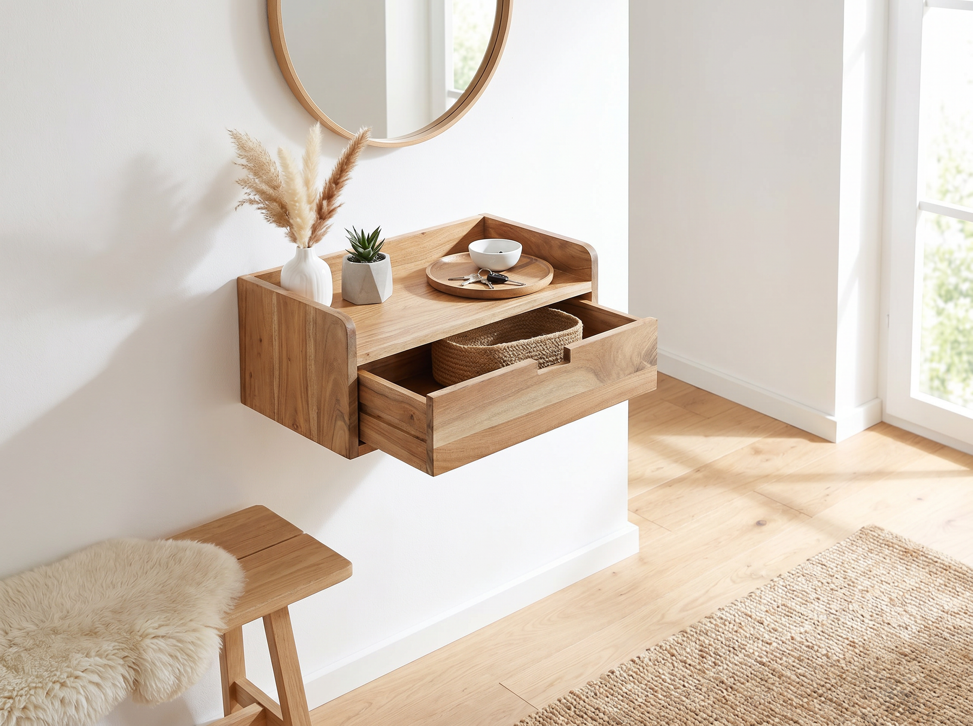 Wandregal Akazie 45x30cm Hängeregal Schublade Holz Massiv Wandboard Regal Wand – Ansicht 2