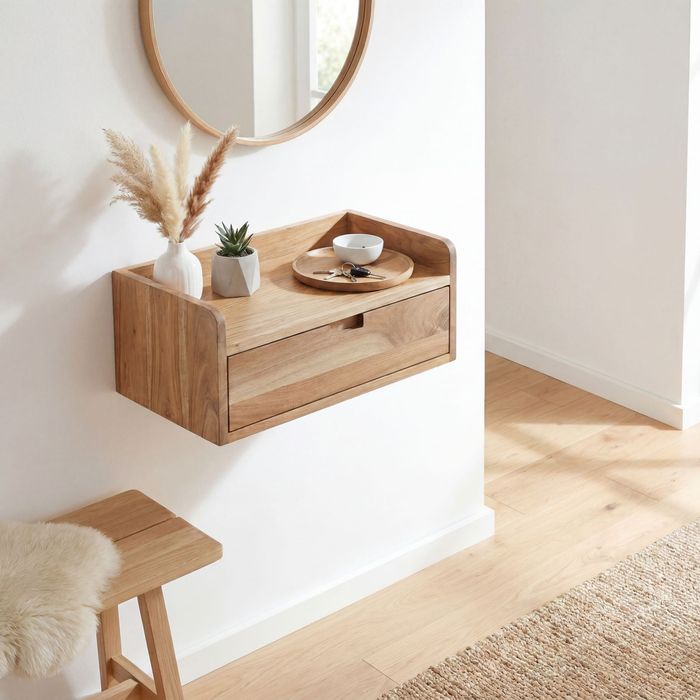 Wandregal Akazie 45x30cm Hängeregal Schublade Holz Massiv Wandboard Regal Wand