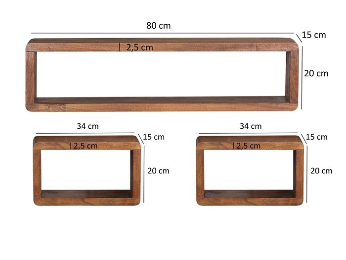 Standregal 3er Set Sheesham Holz Massiv Cube Dekoregal Holzregal Echtholz Regal – Maßzeichnung