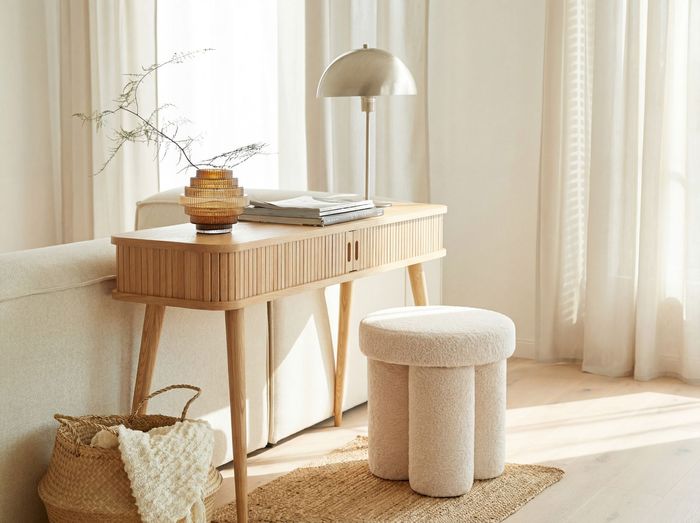FineBuy Sitzhocker Teddy Stoff 40cm Creme Rund - Design Stoffhocker - Polsterhocker Faltenoptik - Schminktisch Hocker - Lounge Beistellhocker für Wohnzimmer Handmade