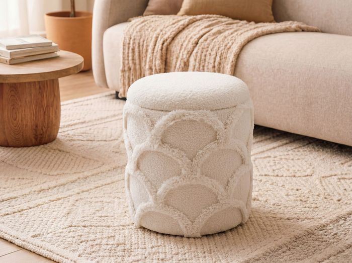 FineBuy Sitzhocker mit Stauraum aus Teddy Stoff 40cm Creme Weiß Rund - Design Boho Stoffhocker mit abnehmbarem Deckel - Polsterhocker Schminktisch Hocker - Beistellhocker für Wohnzimmer Handmade