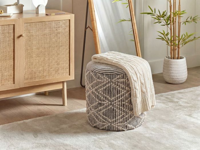 FineBuy Sitzhocker mit Stauraum aus Stoff 40cm Grau Rund - Design Boho Stoffhocker mit abnehmbarem Deckel - Polsterhocker Schminktisch Hocker - Beistellhocker für Wohnzimmer Handmade