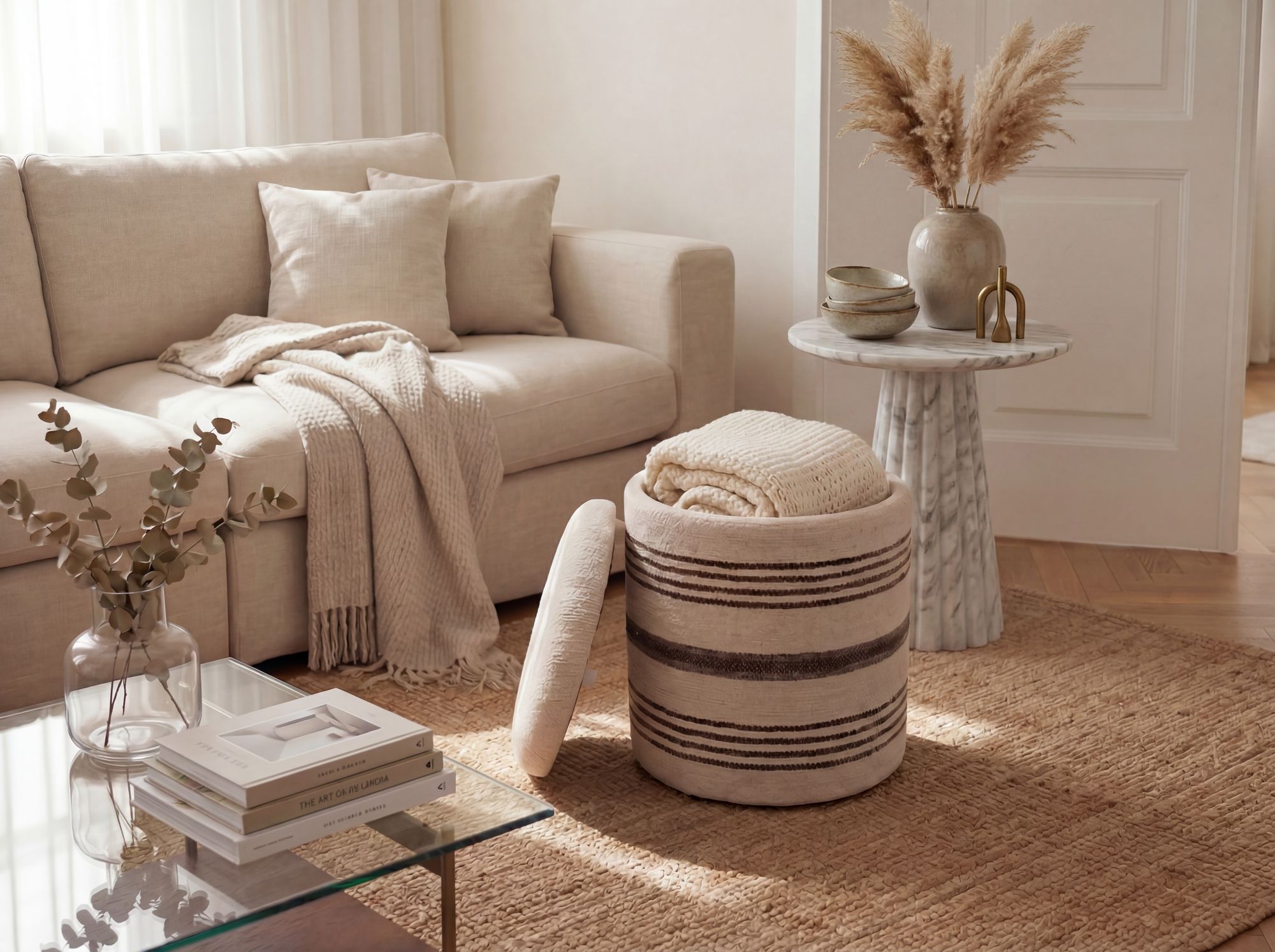 Sitzhocker mit Stauraum Wolle 40cm Beige Stoffhocker Rund Polsterhocker Stoff – Ansicht 5