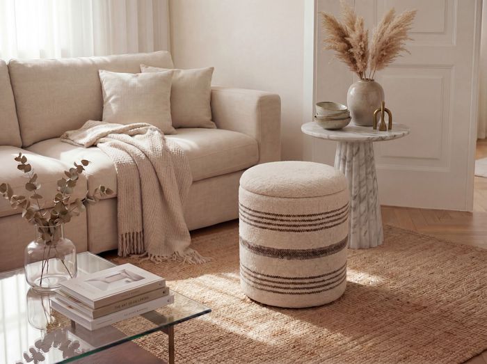 FineBuy Sitzhocker mit Stauraum aus Wolle 40cm Beige Stoff Rund - Design Boho Stoffhocker mit abnehmbarem Deckel - Polsterhocker Schminktisch Hocker - Beistellhocker für Wohnzimmer Handmade