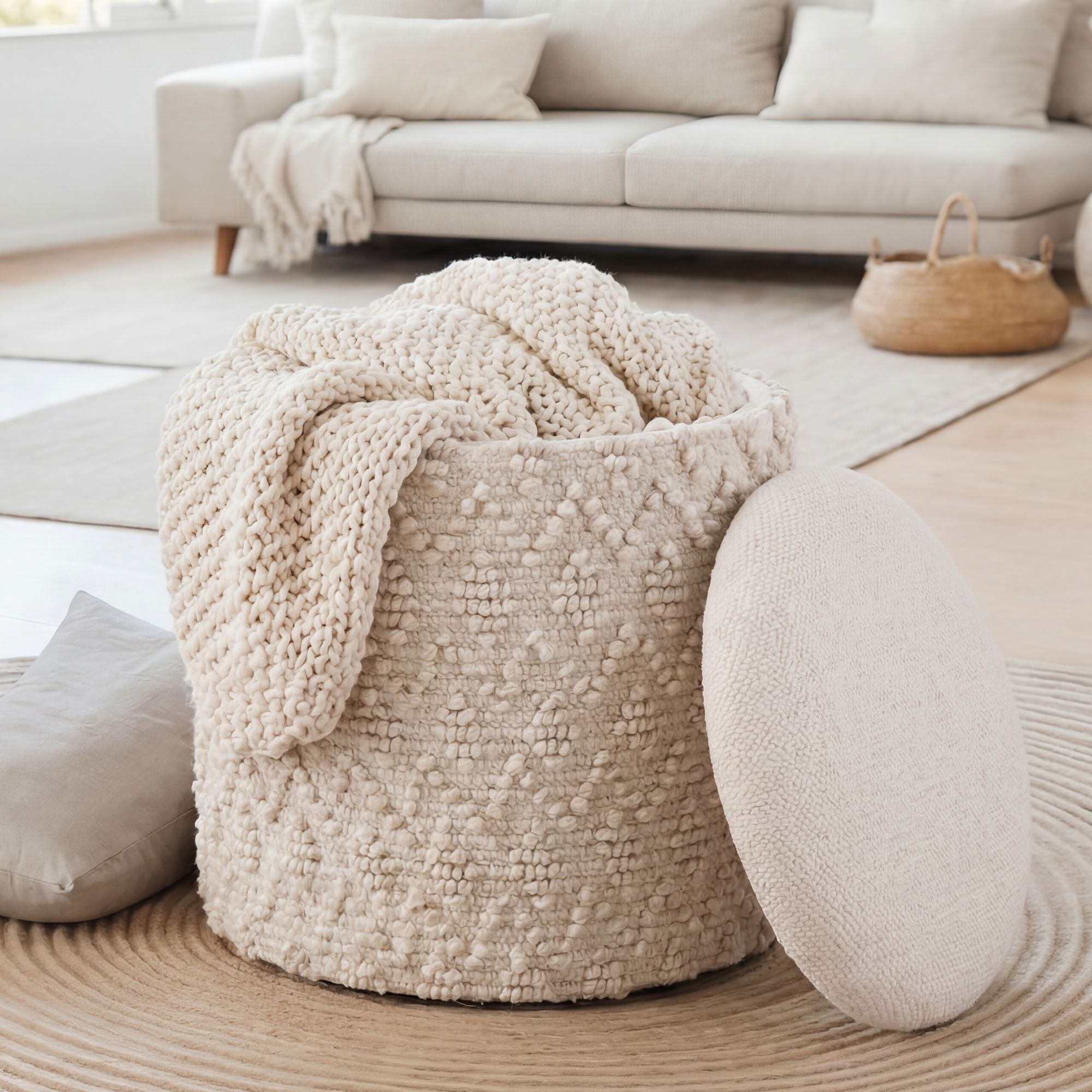 FineBuy Sitzhocker mit Stauraum aus Wolle 40cm Creme Stoff Rund - Design Boho Stoffhocker mit abnehmbarem Deckel - Polsterhocker Schminktisch Hocker - Beistellhocker für Wohnzimmer Handmade