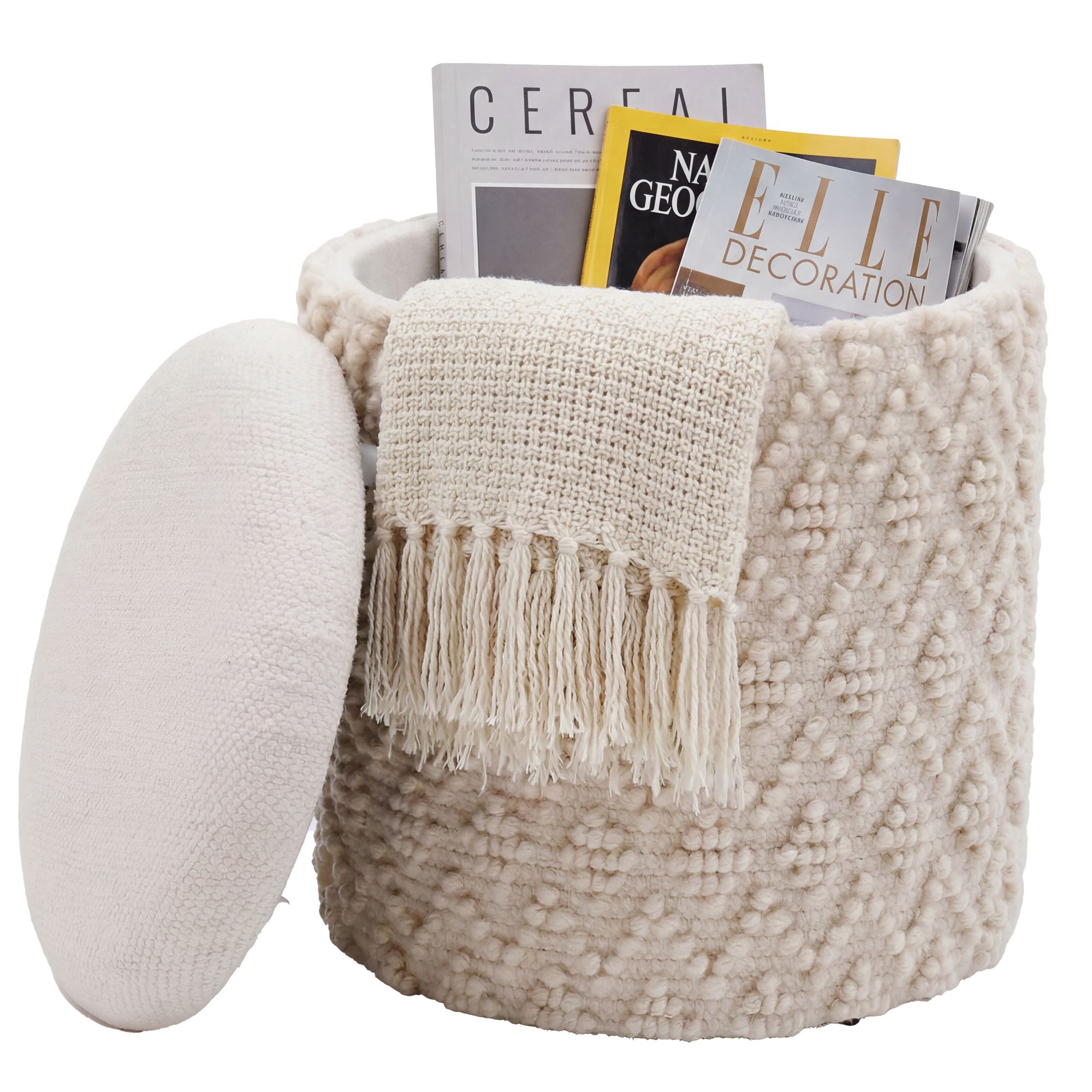 Sitzhocker mit Stauraum Wolle 40cm Creme Stoffhocker Rund Polsterhocker Stoff – Ansicht 1