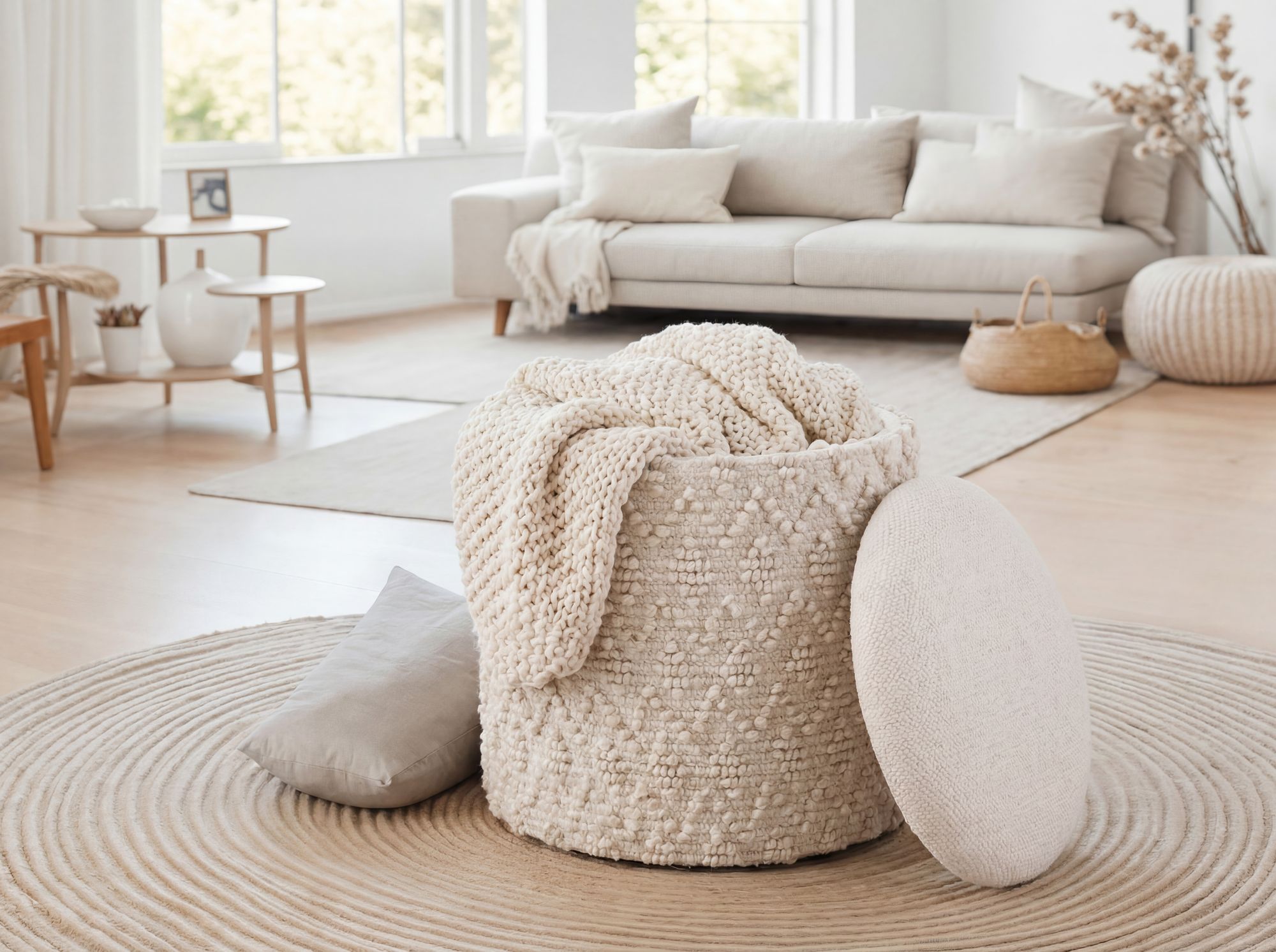 Sitzhocker mit Stauraum Wolle 40cm Creme Stoffhocker Rund Polsterhocker Stoff – Ansicht 5
