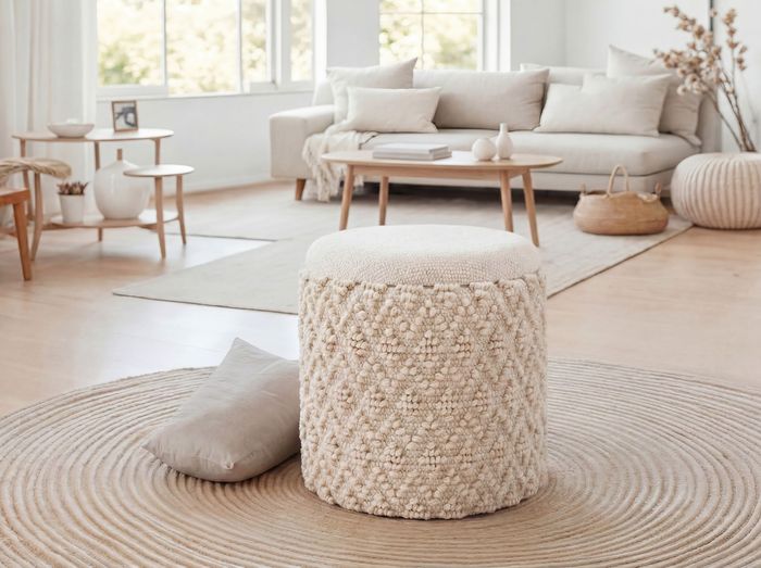 FineBuy Sitzhocker mit Stauraum aus Wolle 40cm Creme Stoff Rund - Design Boho Stoffhocker mit abnehmbarem Deckel - Polsterhocker Schminktisch Hocker - Beistellhocker für Wohnzimmer Handmade