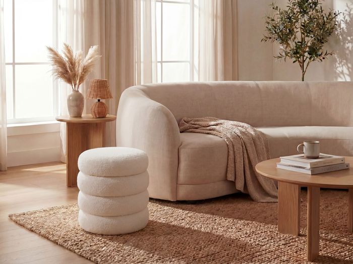 FineBuy Sitzhocker mit Stauraum aus Teddy Stoff 40cm Creme Rund - Design Boho Stoffhocker mit abnehmbarem Deckel - Polsterhocker Schminktisch Hocker - Beistellhocker für Wohnzimmer Handmade