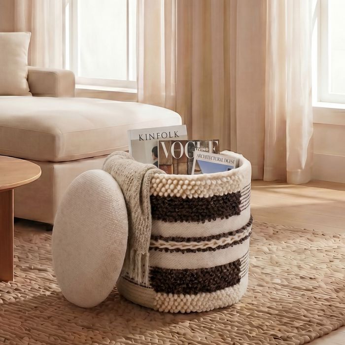 Sitzhocker mit Stauraum Wolle 40cm Beige Stoffhocker Rund Polsterhocker Stoff