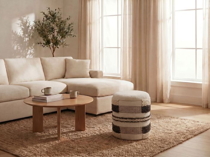 FineBuy Sitzhocker mit Stauraum aus Wolle 40cm Beige Stoff Rund - Design Boho Stoffhocker mit abnehmbarem Deckel - Polsterhocker Schminktisch Hocker - Beistellhocker für Wohnzimmer Handmade