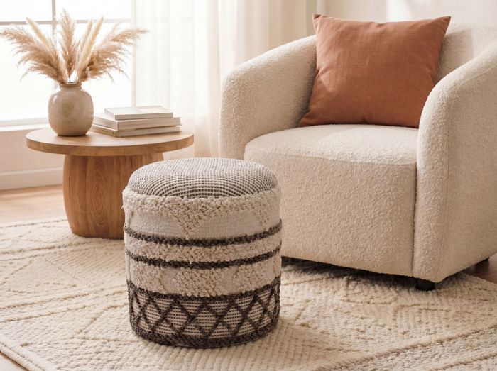 FineBuy Sitzhocker mit Stauraum aus Wolle 40cm Beige Stoff Rund - Design Boho Stoffhocker mit abnehmbarem Deckel - Polsterhocker Schminktisch Hocker - Beistellhocker für Wohnzimmer Handmade