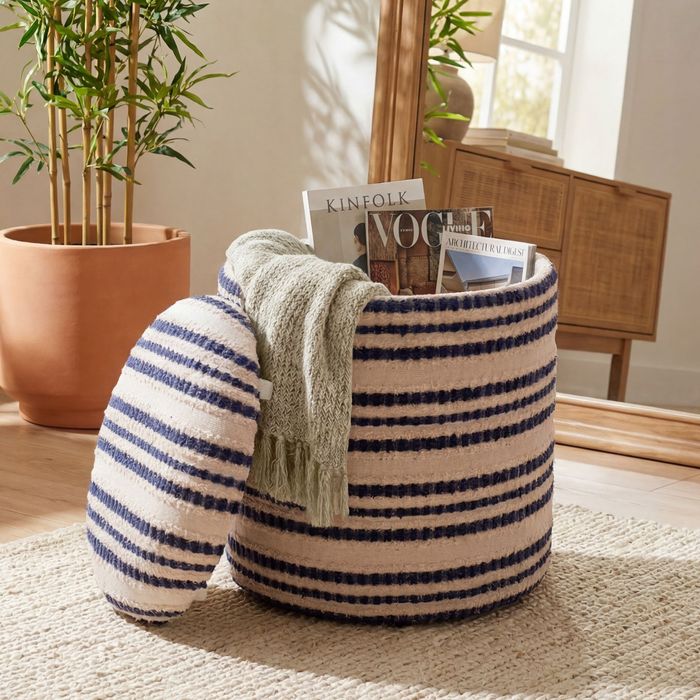 Sitzhocker Stauraum Baumwolle 40cm Beige Stoffhocker Rund Polsterhocker Stoff