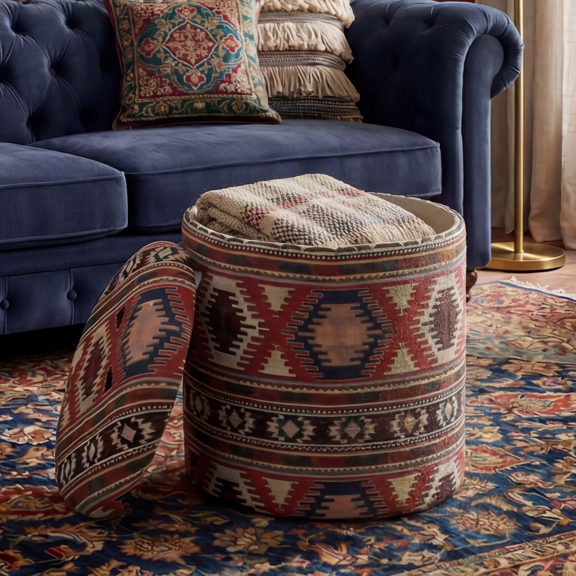 Sitzhocker mit Stauraum Stoff 40cm Bunt Stoffhocker Rund Polsterhocker Hocker – Ansicht 1