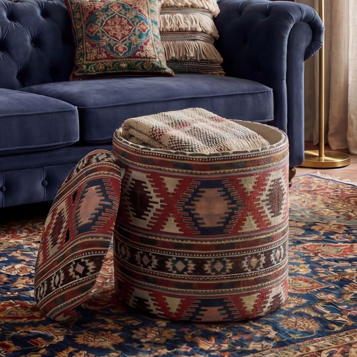 Sitzhocker mit Stauraum Stoff 40cm Bunt Stoffhocker Rund Polsterhocker Hocker