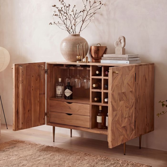 FineBuy Barschrank Akazie Massivholz 90cm Natur mit Weinregal - Design Hausbar mit Glashalter - Weinschrank Holz mit Türen - Getränkeschrank Weinkommode Holz Bar Wohnzimmer Handmade